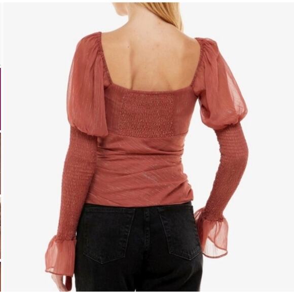 WAYF Women’s S Mauve Gold Shimmer Ruched Puff Sleeve Smocked Cropped Top Blouse - Picture 2 of 10